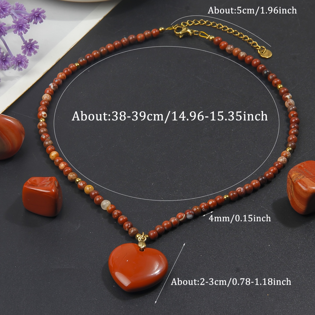 Natural Red Stone Heart Pendant Beaded Necklace, Vintage Style
